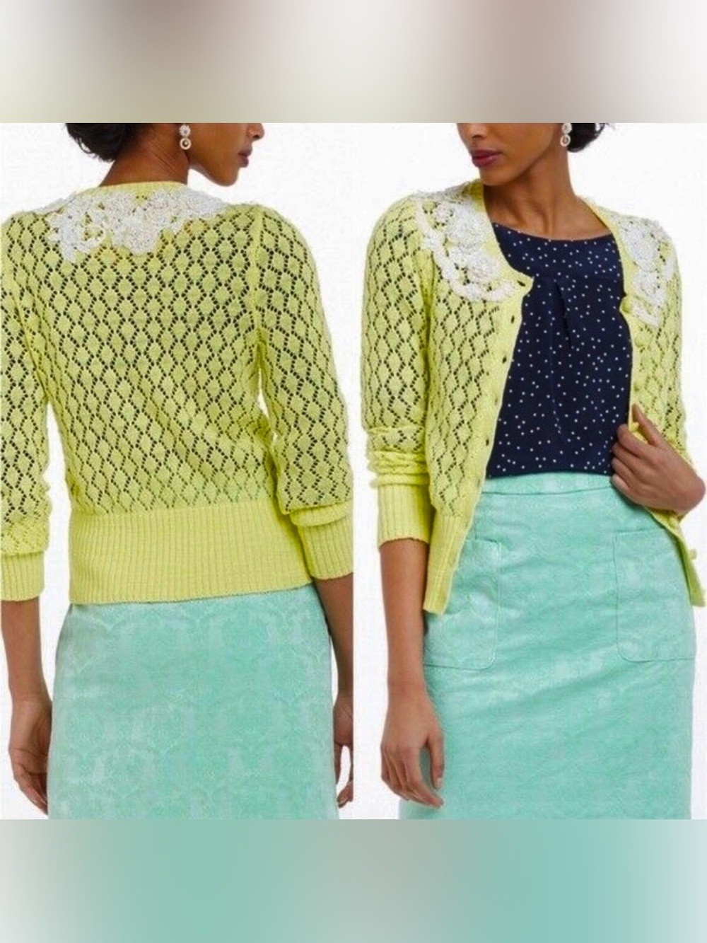 Anthropologie Yellow Bird Crochet Floral Applique Cardigan S Sunny Yellow